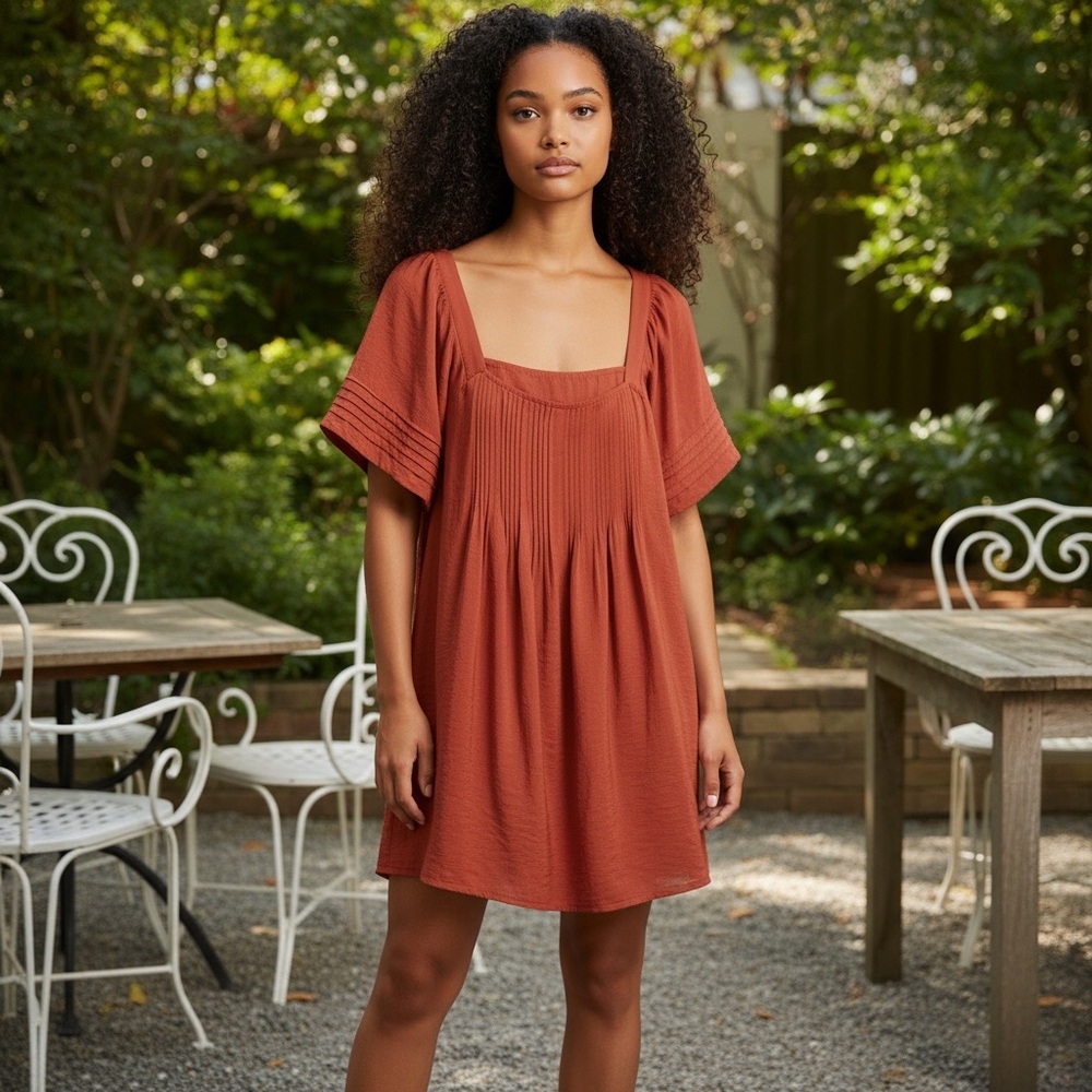 Madewell Women Red Square-Neck Pleated Mini Dress with Pintucked Details in XS